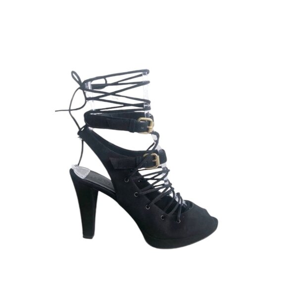 J.Crew Made In Italy Lace Up Heels Black Size 8 Goth Leather Fairy Whimsygoth - Picture 2 of 13